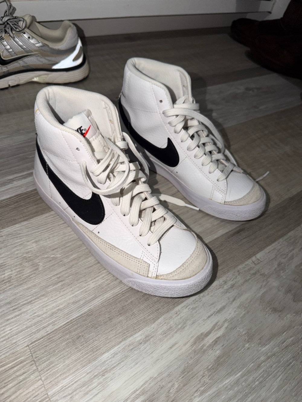 Nike youth Blazer Mid White with Black Swoosh